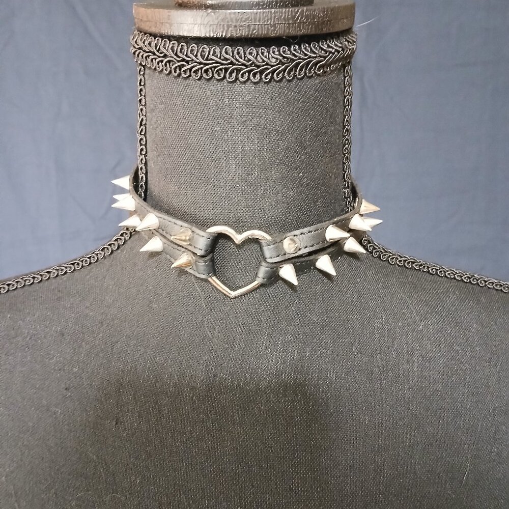 Black Faux Leather Spiked Choker with Silver Heart O-Ring Detail